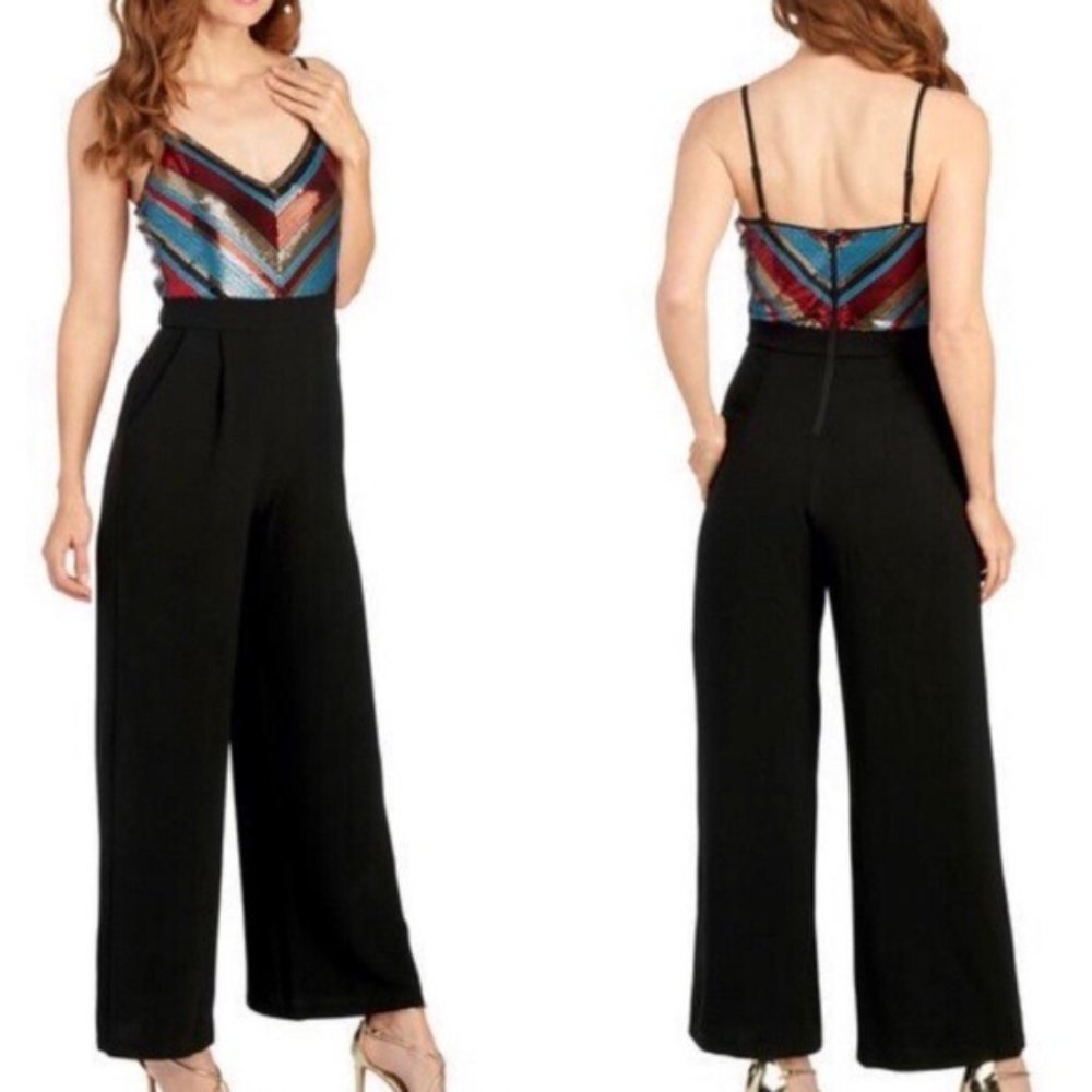 June & Hudson Wide Leg Jumpsuit Sequined Black Multi Size XL